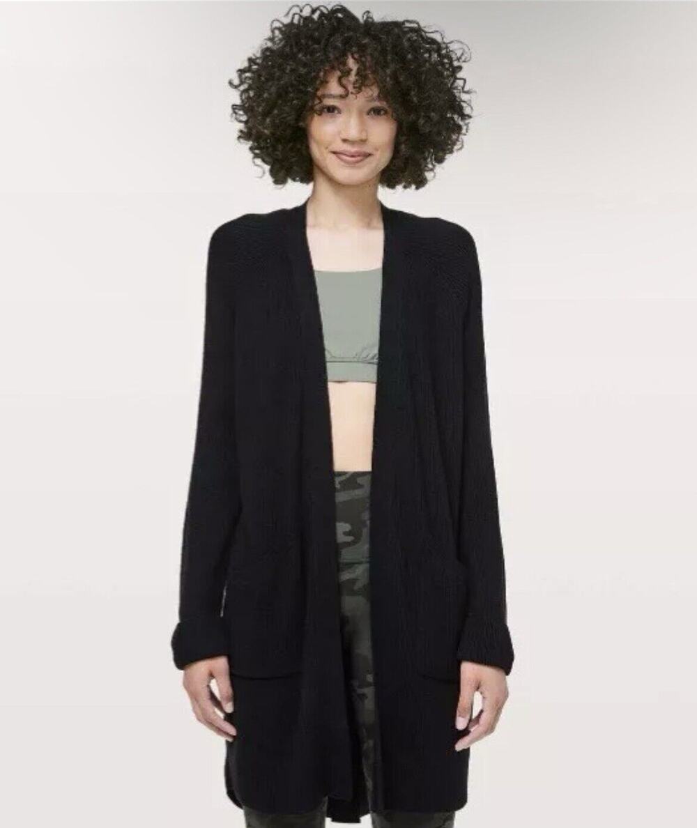 Lululemon Still At Ease Wrap Black Knit Cashlu Cardigan Athleisure Size 12 NWT